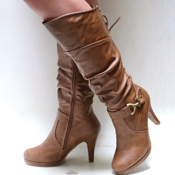 New Tan Mid-calf Lace Up Biker Heel Riding Boots - Picture 2 of 4